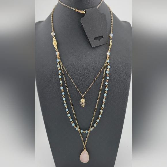 Layered Gold Tone Necklace w/ Rose Quartz & Crystal Beads 28” - Picture 2 of 9